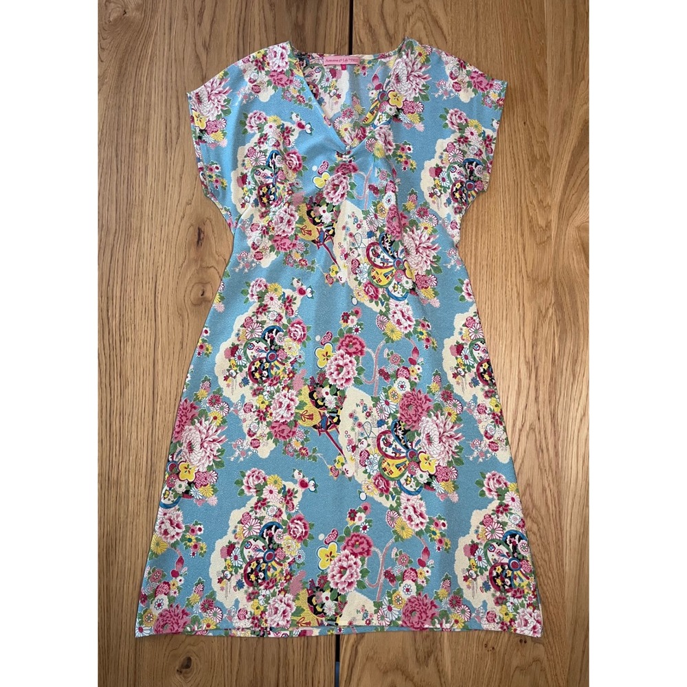 Antoine & Lili Floral V-Neck Shift Dress Size 6 Blue French Chirimen Artful